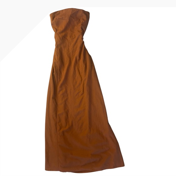 NWT Japna Singh Strapless Maxi Dress Copper Brown Linen Blend Pockets Size M - Picture 1 of 7